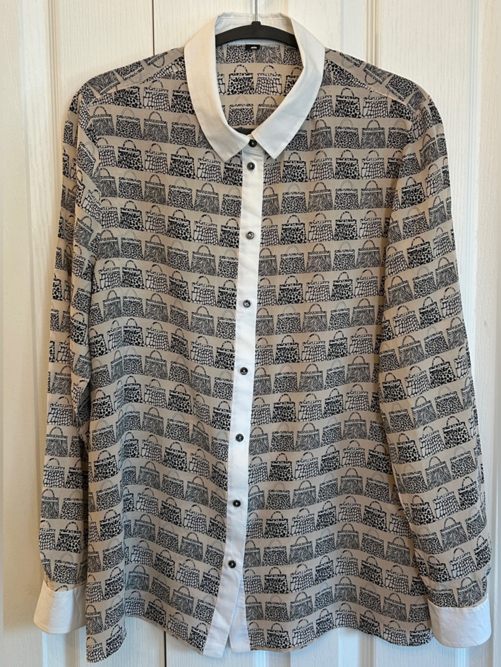 Marc Cain Silk Blouse Tote Print Cream Black Size 4 EUC
